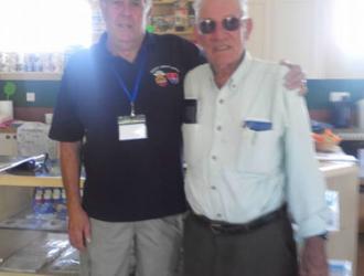 390th Veteran, 90 year old Ernst Feibusch, who was a right waist gunner in the 571st Bomb Squadron. He was shot down on his 25th mission and he and his crew were interned in Switzerland for four months. Ernst visited in July 2015 and is seen here with Tim